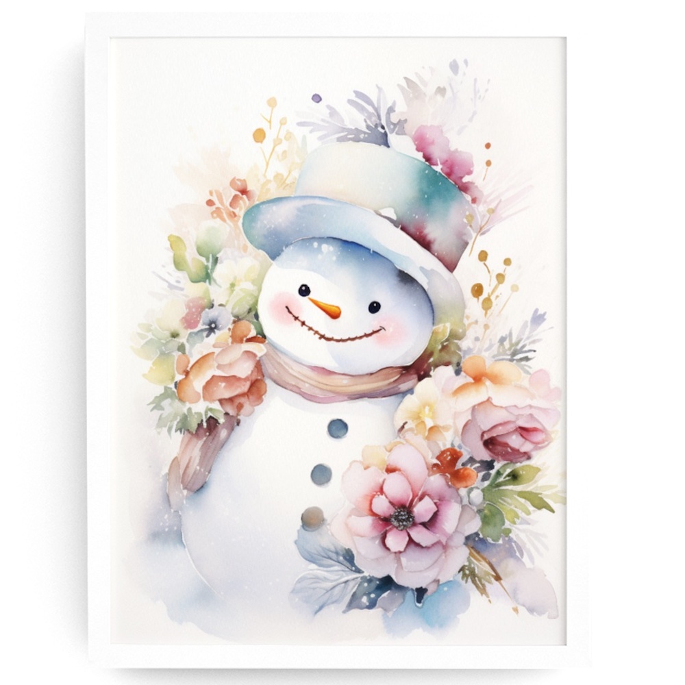 Watercolor Snowman Christmas Theme Wall Art Illustration Print Unframed